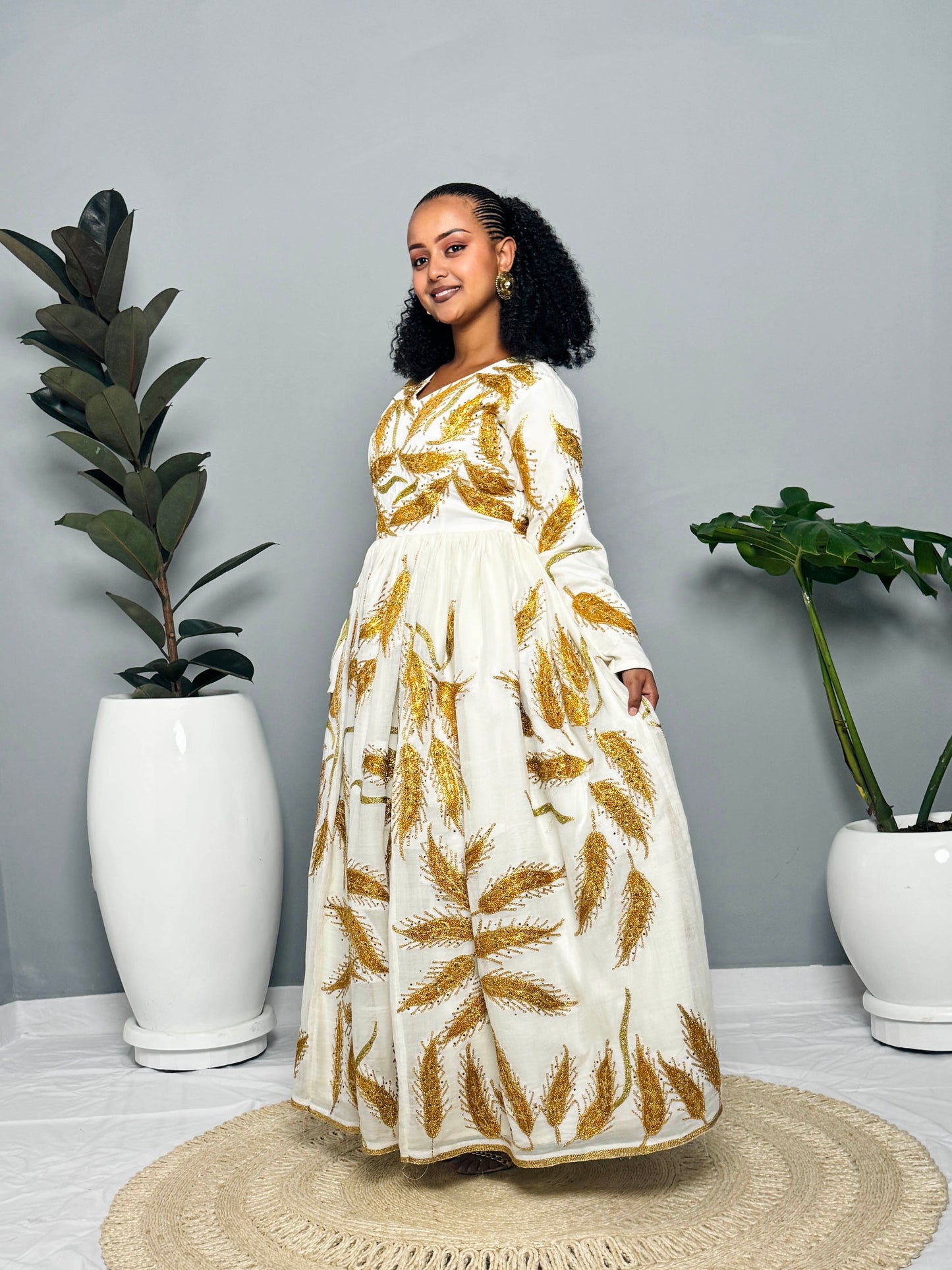 Couples' Habesha Wedding Outfits | Gold Feather Design | Habesha Wedding Dress | Handwoven Ethiopian Dress Hab80