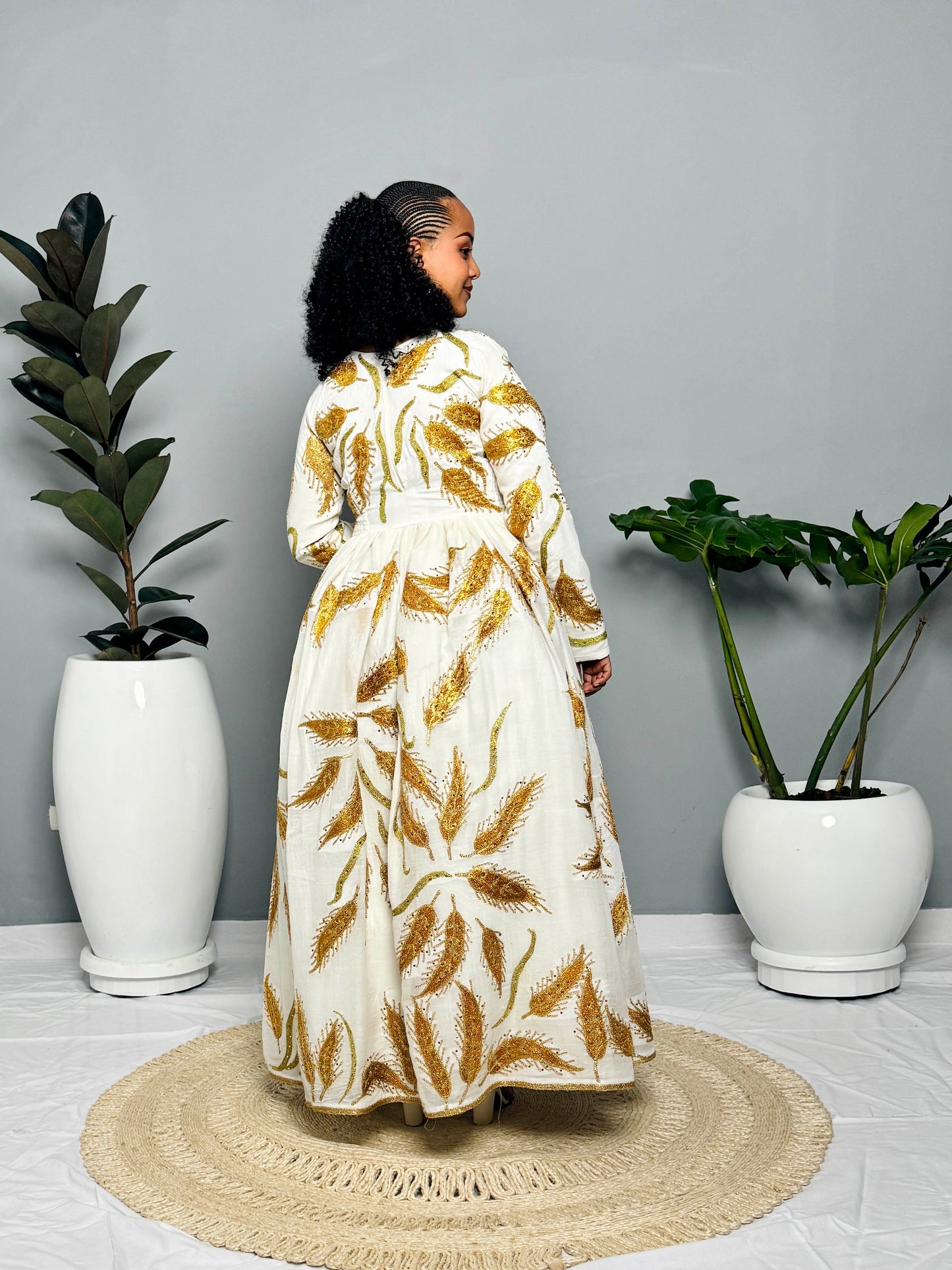 Couples' Habesha Wedding Outfits | Gold Feather Design | Habesha Wedding Dress | Handwoven Ethiopian Dress Hab80