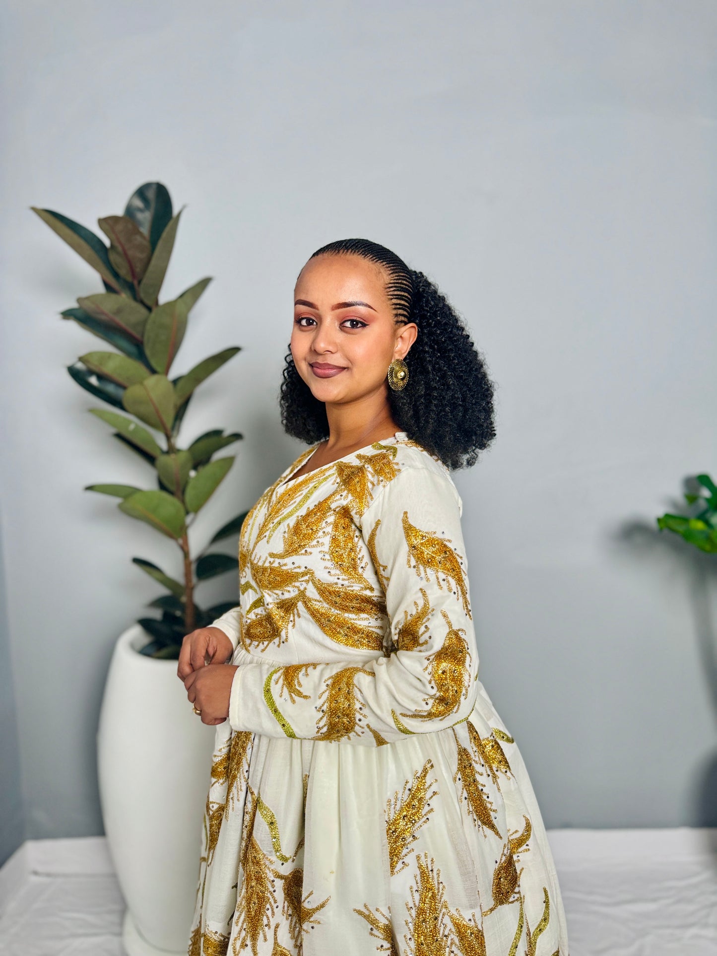 Couples' Habesha Wedding Outfits | Gold Feather Design | Habesha Wedding Dress | Handwoven Ethiopian Dress Hab80