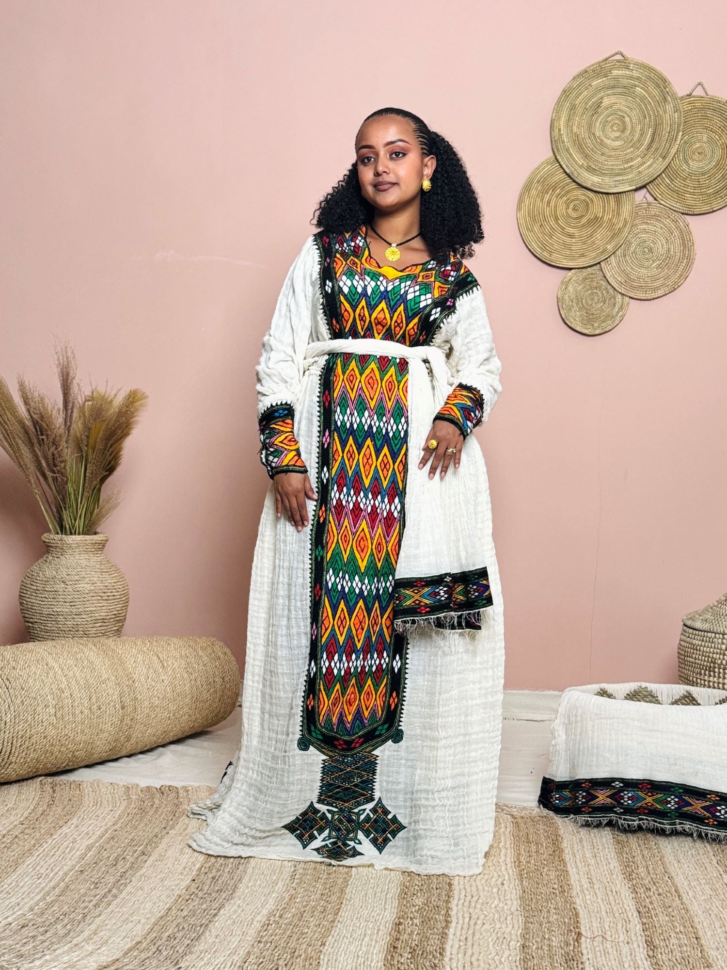 Handmade Traditional Ethiopian Dress | Habesha Kemis with Colorful Tibeb 