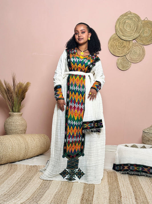 Handmade Traditional Ethiopian Dress | Habesha Kemis with Colorful Tibeb 