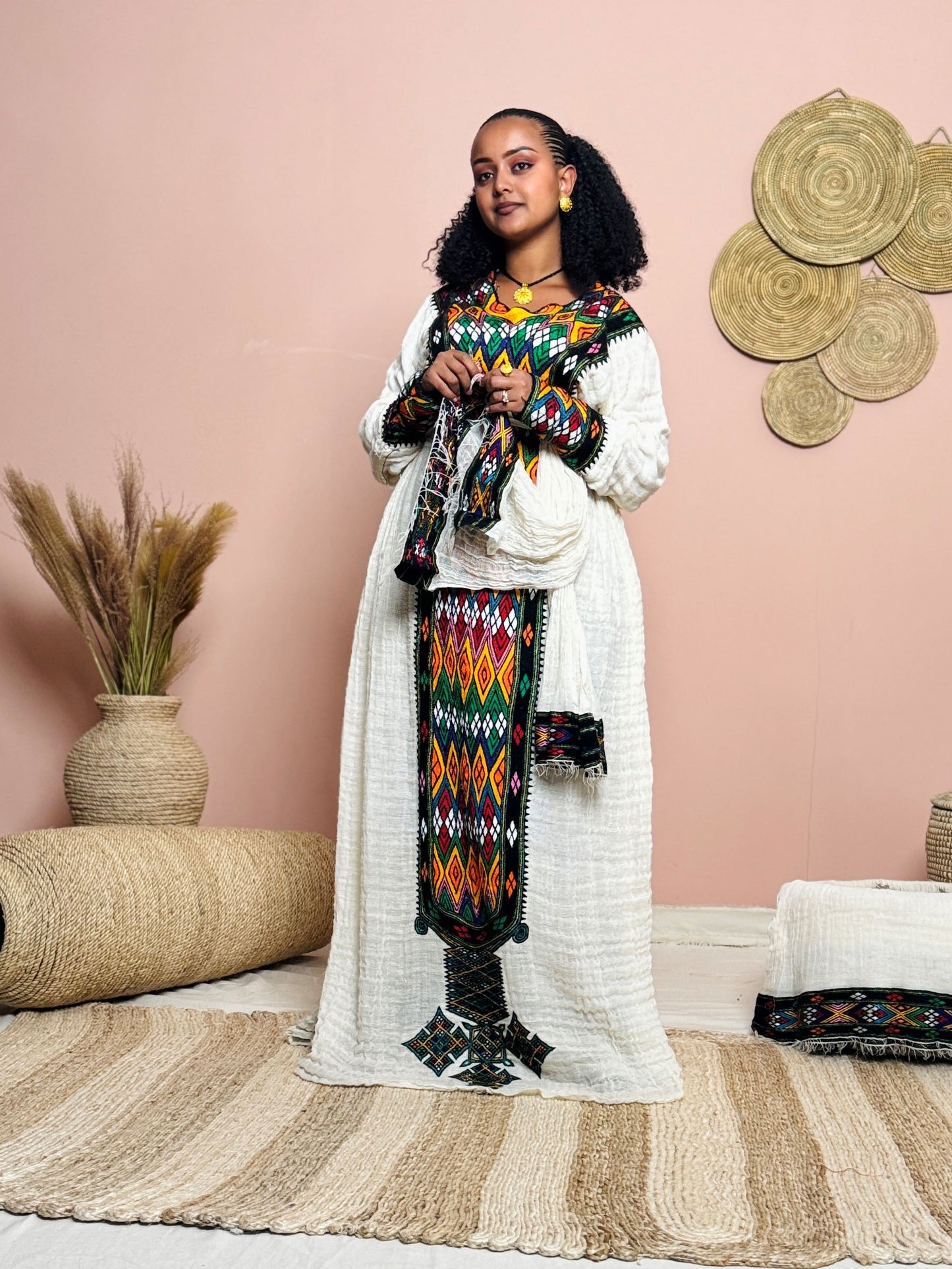 Handmade Traditional Ethiopian Dress | Habesha Kemis with Colorful Tibeb | Cotton Dress for Holidays, Weddings & Cultural Events Hab165