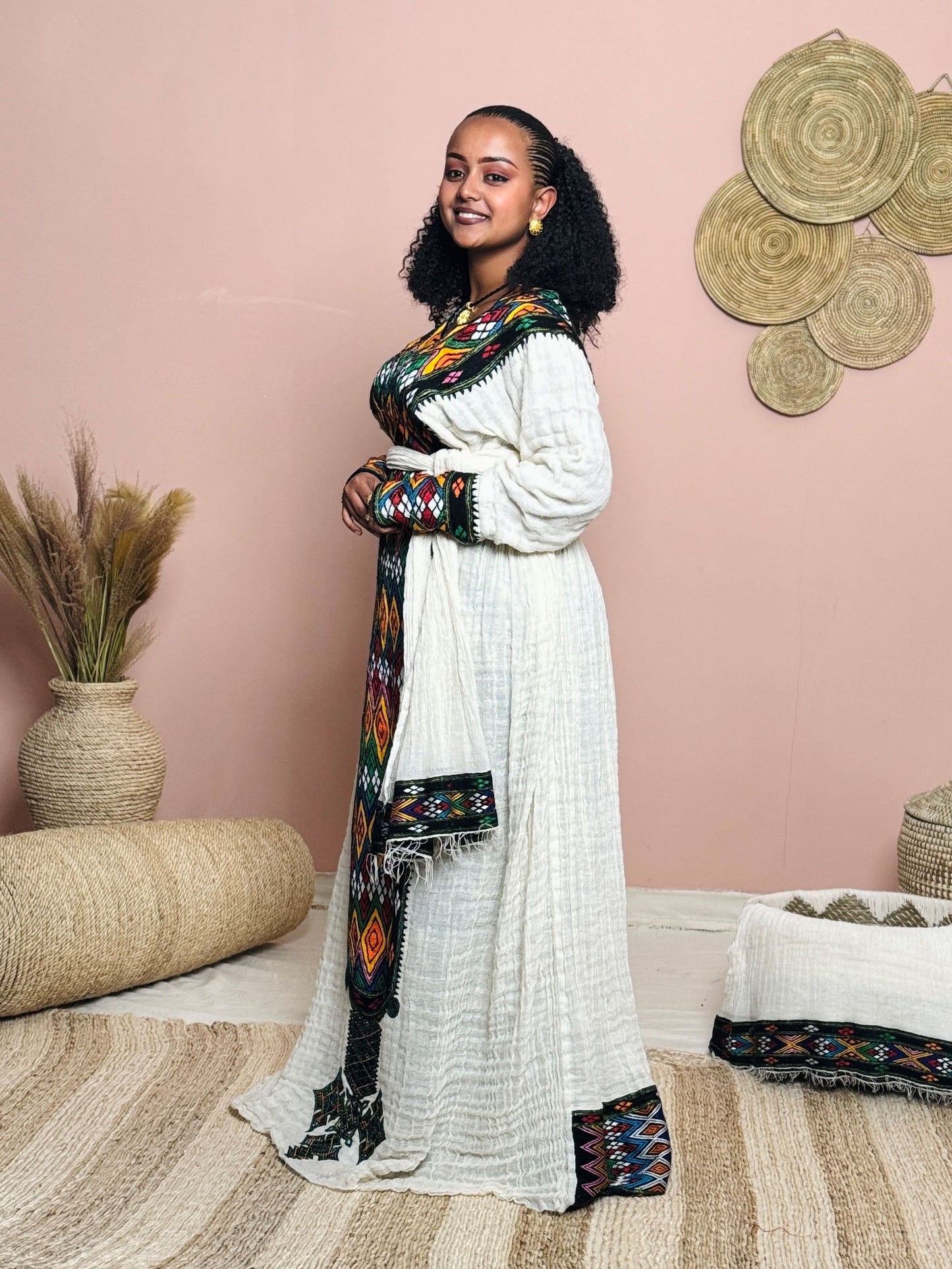 Handmade Traditional Ethiopian Dress | Habesha Kemis with Colorful Tibeb | Cotton Dress for Holidays, Weddings & Cultural Events Hab165