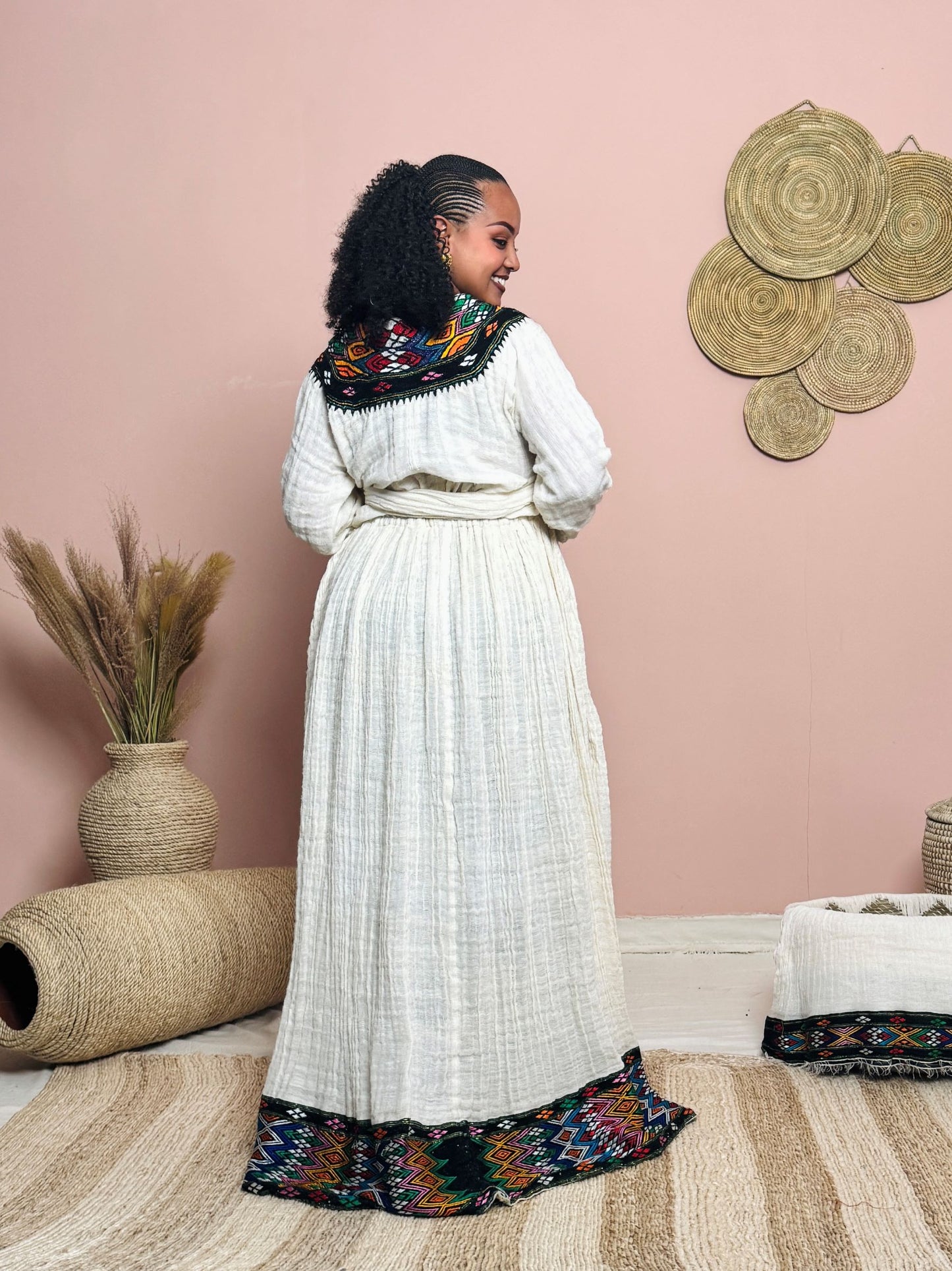 Handmade Traditional Ethiopian Dress | Habesha Kemis with Colorful Tibeb | Cotton Dress for Holidays, Weddings & Cultural Events Hab165