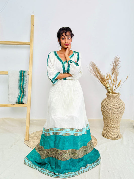 Ethiopian Habesha Dress | Teal Tilet Border | Handwoven Cotton | Elegant Flare Hem Hab239