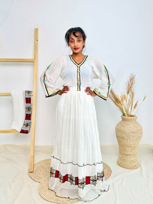 Classic Red & Turquoise Trim Habesha Dress | Handwoven Ethiopian Cotton Kemis Hab234