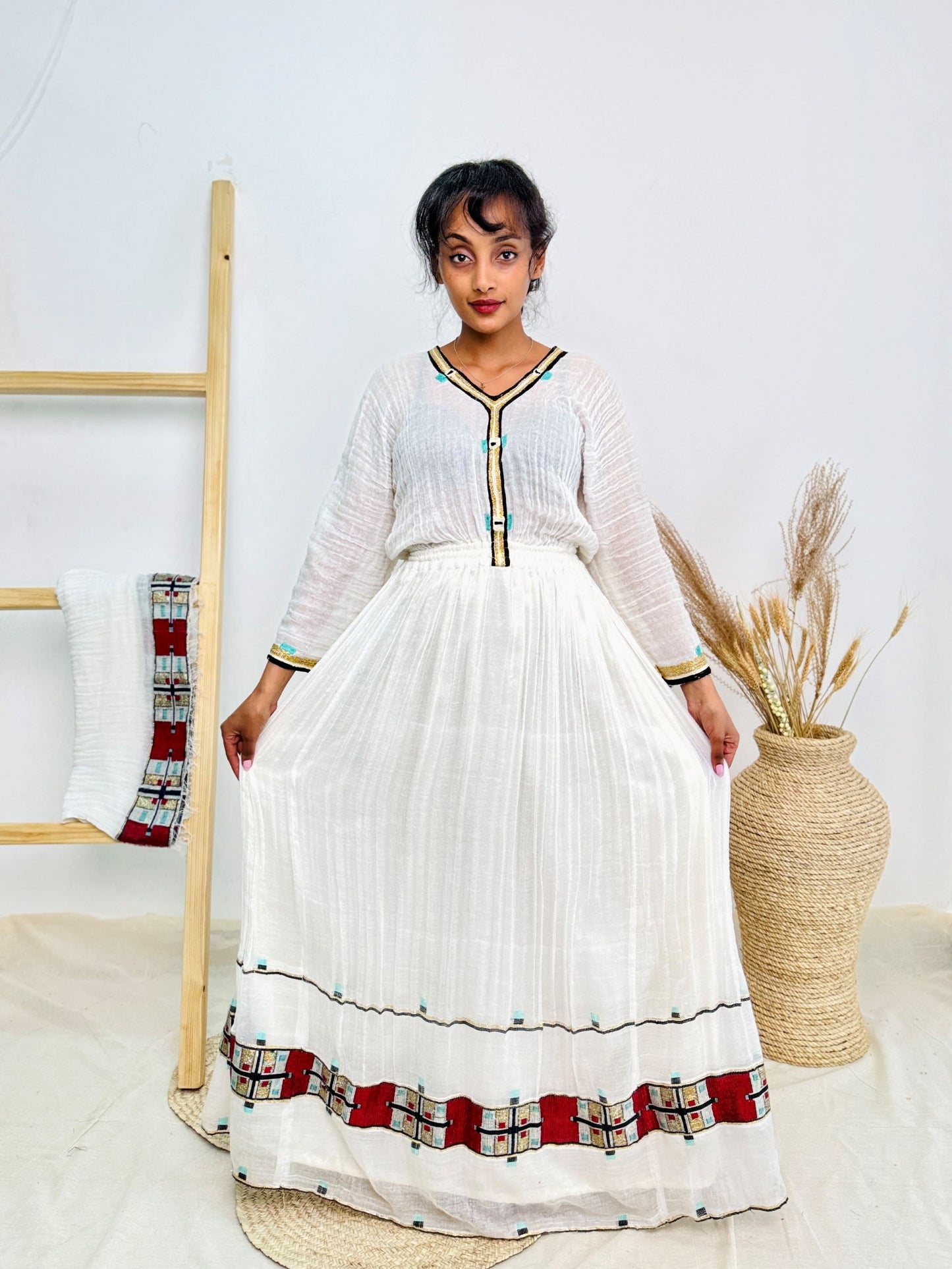 Classic Red & Turquoise Trim Habesha Dress | Handwoven Ethiopian Cotton Kemis Hab234