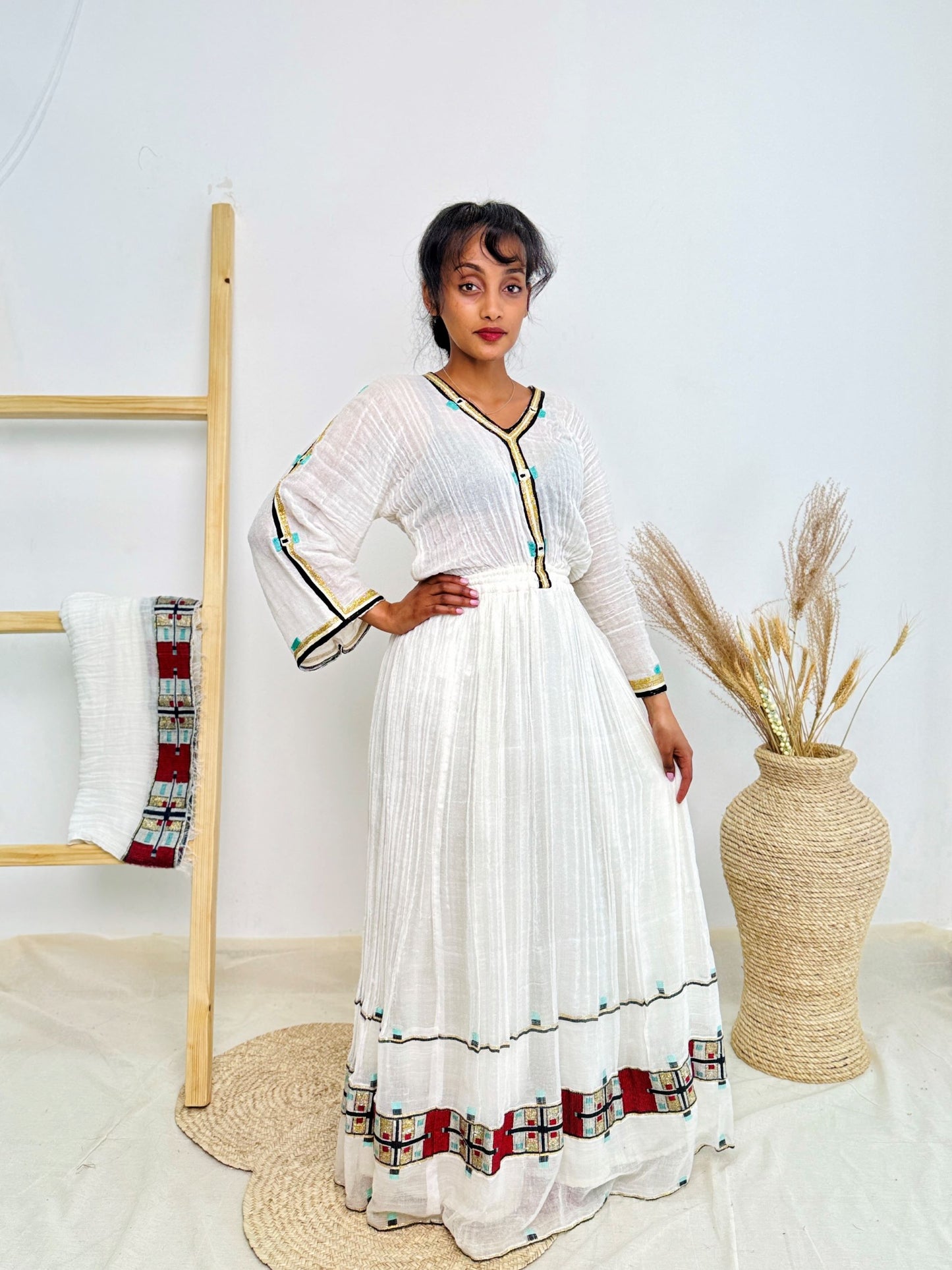 Classic Red & Turquoise Trim Habesha Dress | Handwoven Ethiopian Cotton Kemis Hab234
