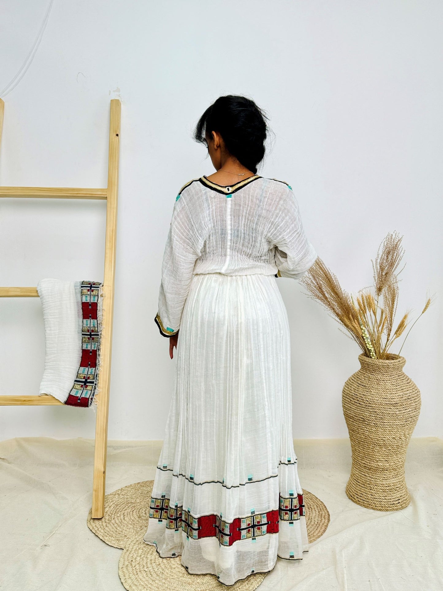 Classic Red & Turquoise Trim Habesha Dress | Handwoven Ethiopian Cotton Kemis Hab234