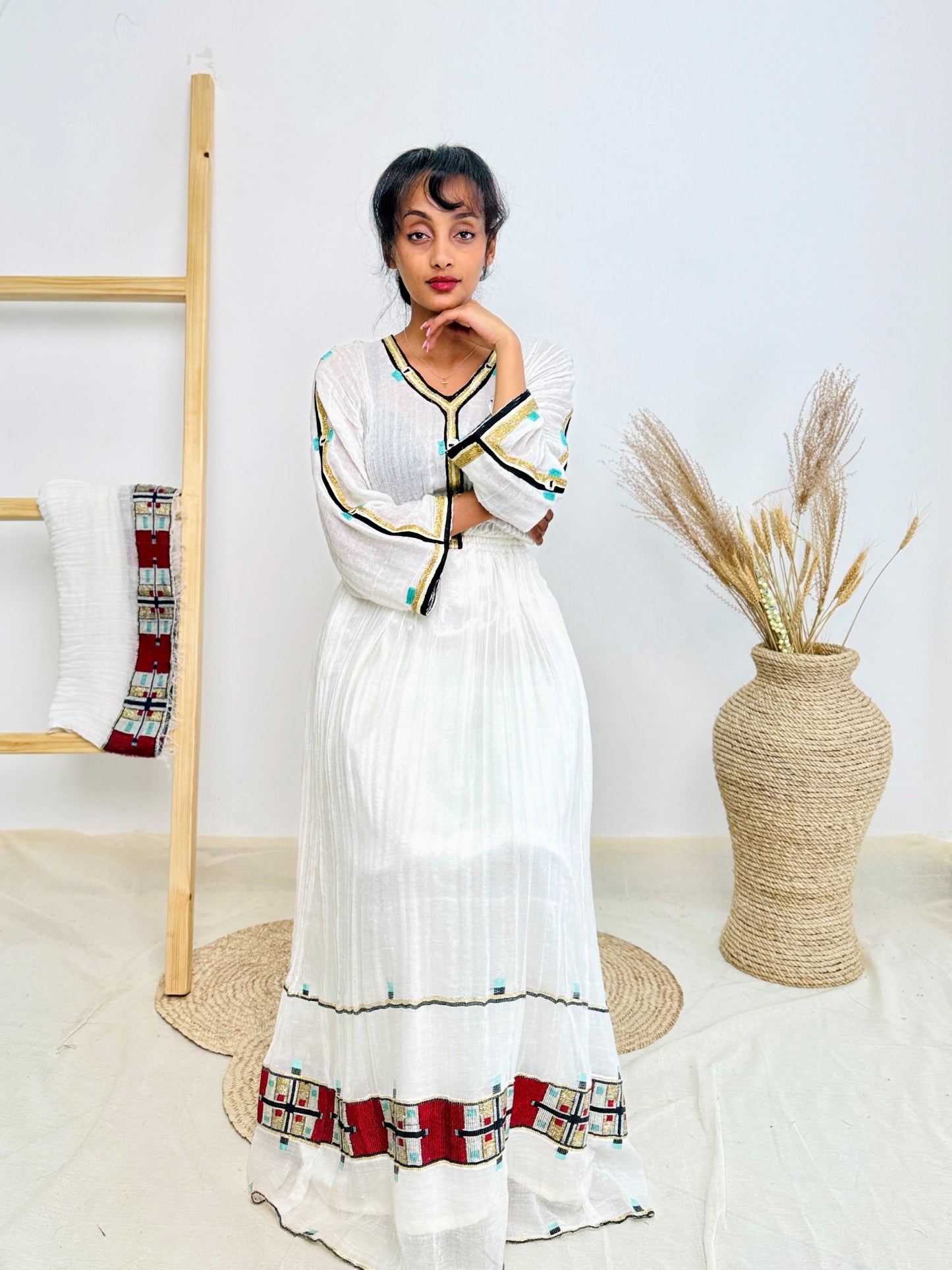 Classic Red & Turquoise Trim Habesha Dress | Handwoven Ethiopian Cotton Kemis Hab234