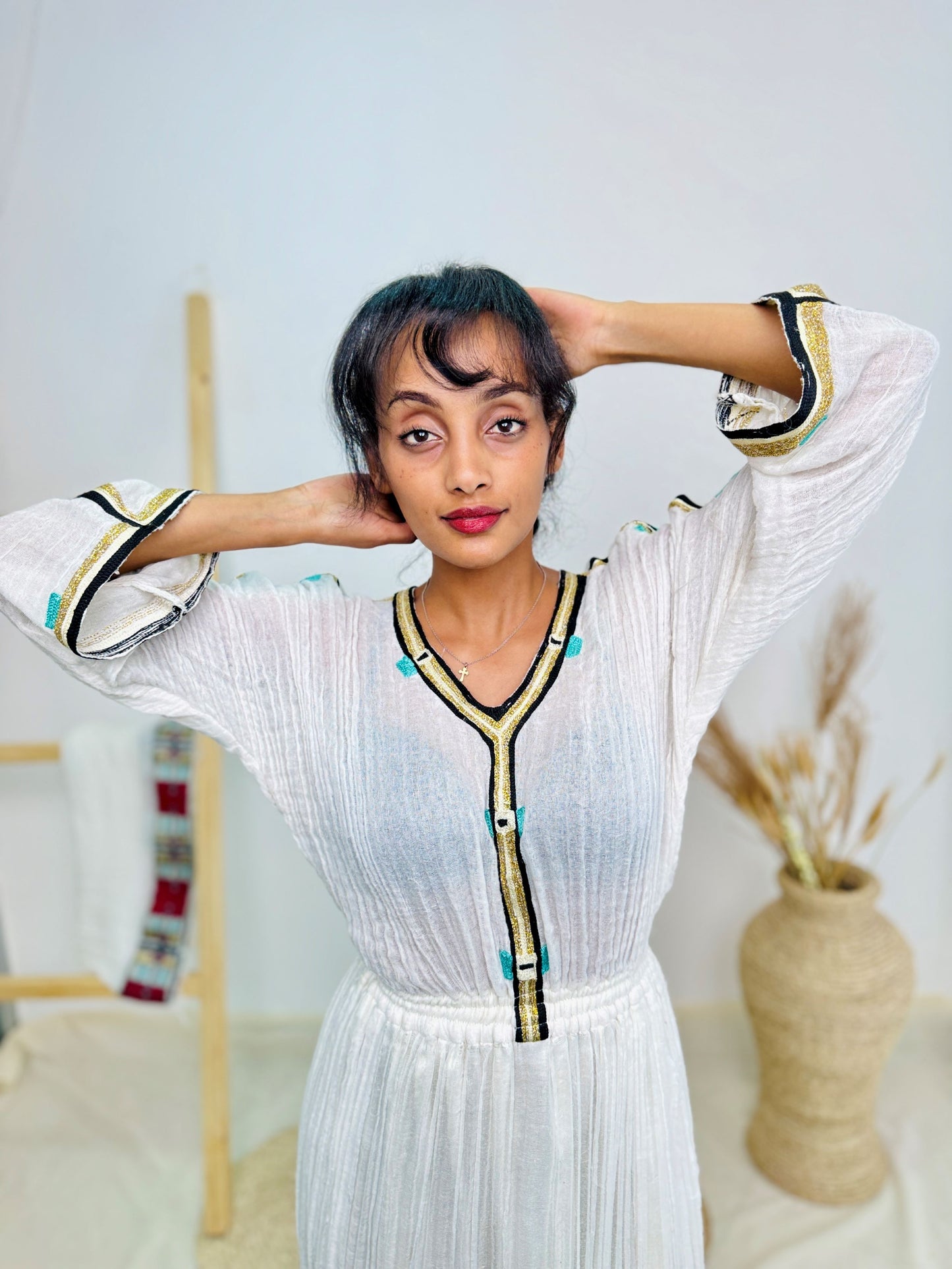 Classic Red & Turquoise Trim Habesha Dress | Handwoven Ethiopian Cotton Kemis Hab234