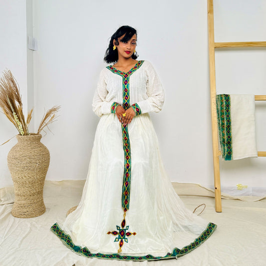 Traditional Habesha Kemis | Cross Motif & Diamond Tilet | Handwoven Cotton | Sacred Elegance Hab240