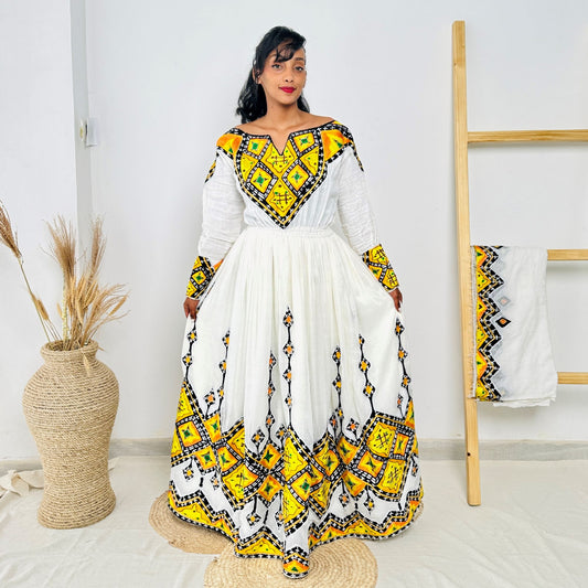 Ethiopian Habesha Dress – Yellow & Black Embroidery | Traditional Kemis