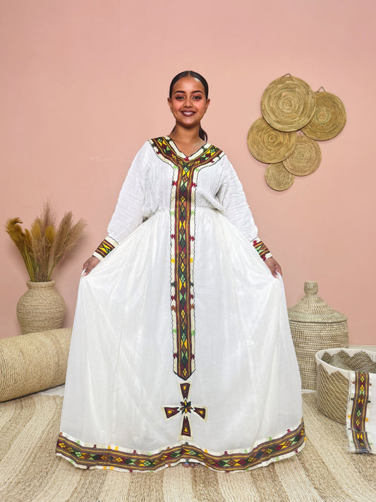 Classic White Ethiopian Dress | Long Sleeve Habesha Kemis with Traditional Cross & Multicolor Tibeb | Heritage Style Hab180