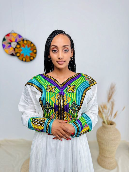 Vibrant Multicolor Handwoven Ethiopian Dress | Bold Habesha Kemis | Holidays, Fasika & Cultural Events Hab181