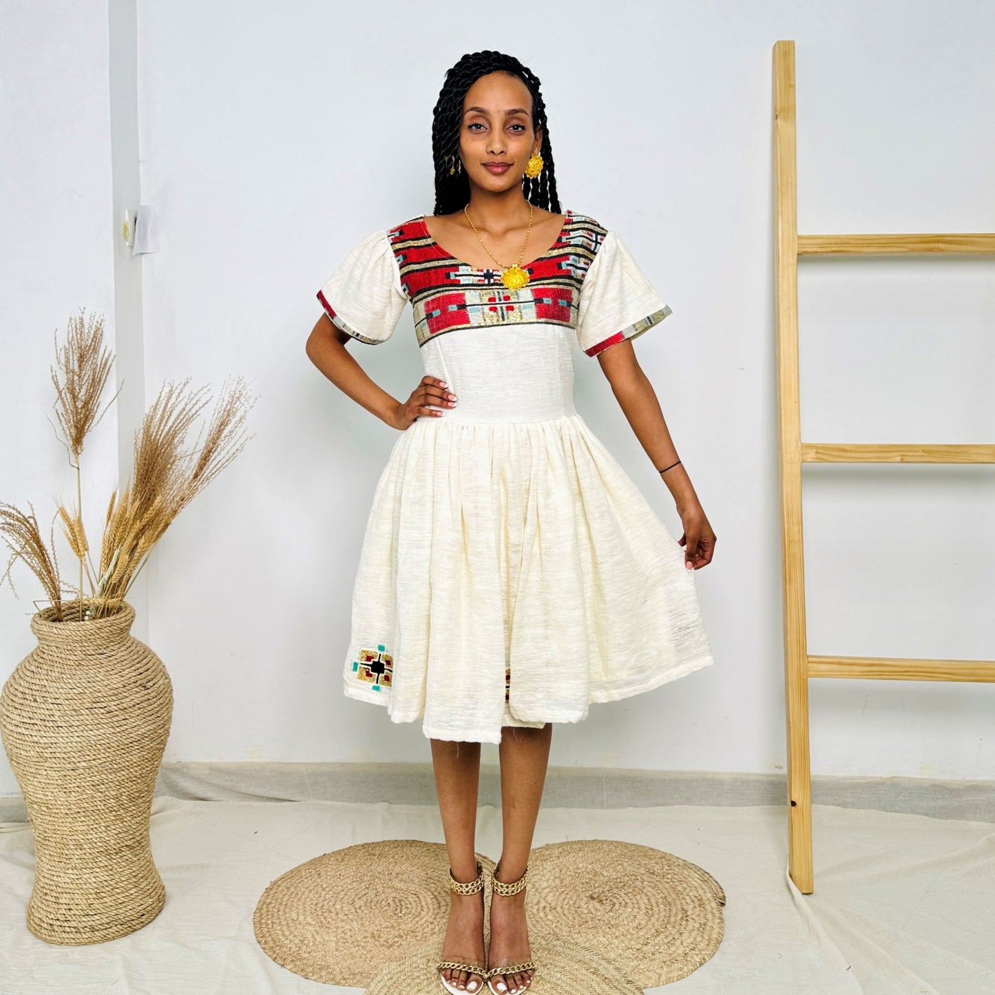 Short White Ethiopian Dress | Red Tibeb Border | Handwoven Cotton | Knee-Length Cultural Wear | Hab199