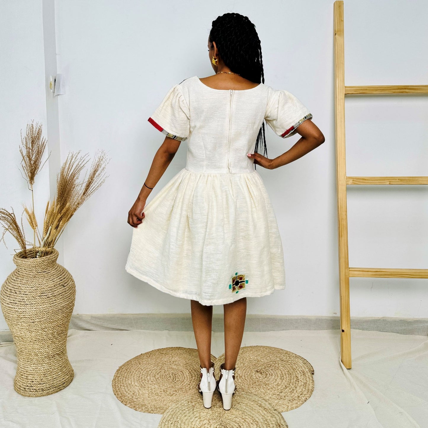Short White Ethiopian Dress | Red Tibeb Border | Handwoven Cotton | Knee-Length Cultural Wear | Hab199