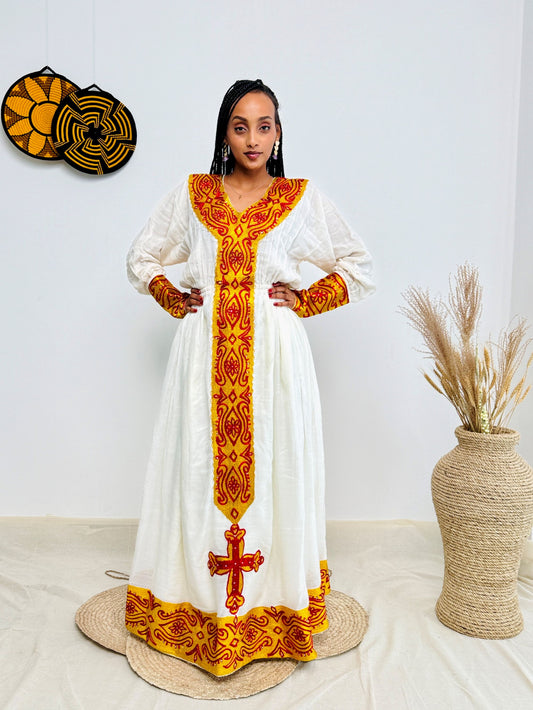 Elegant Ethiopian Handwoven Dress | Bold Red and Yellow Tibeb with Cross Motif | Cultural & Timeless Habesha Kemis Hab193