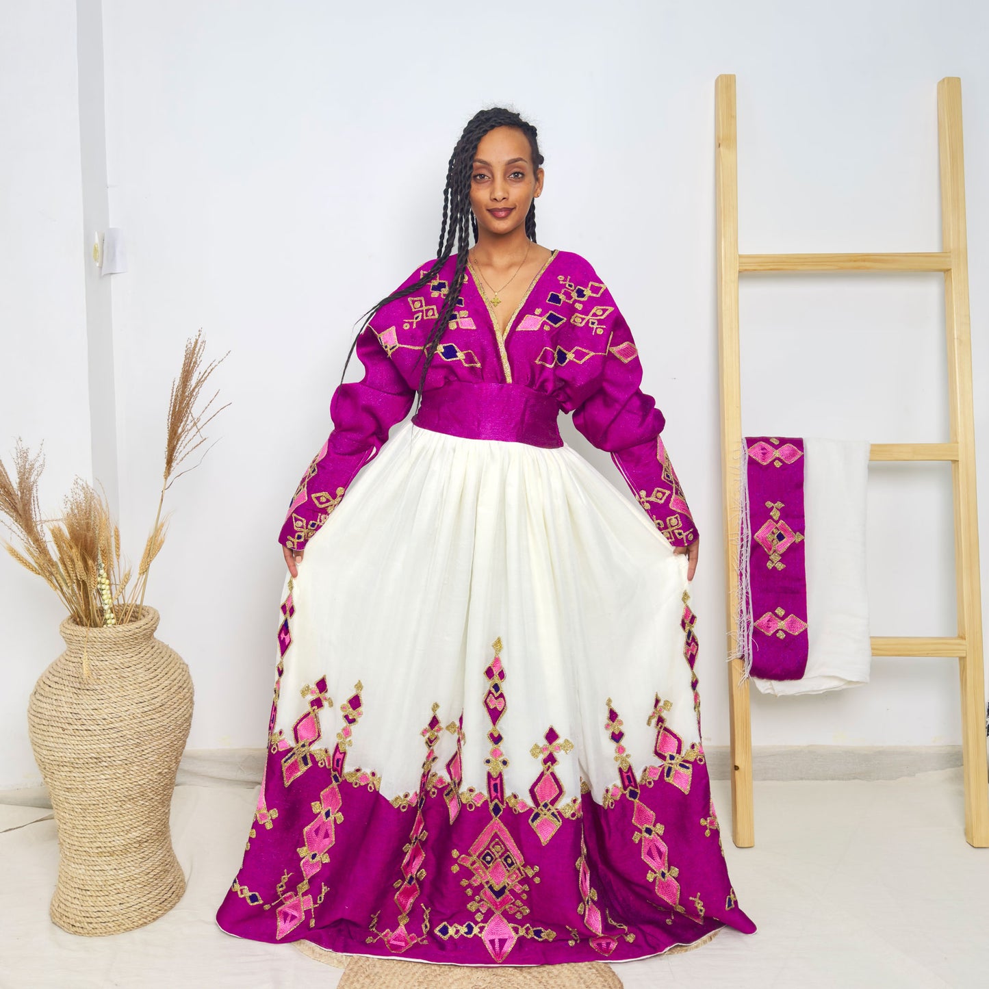 Habesha Kemis | Vibrant Purple Embroidery | Habesha Wedding Dress  | Handcrafted Elegance Hab63