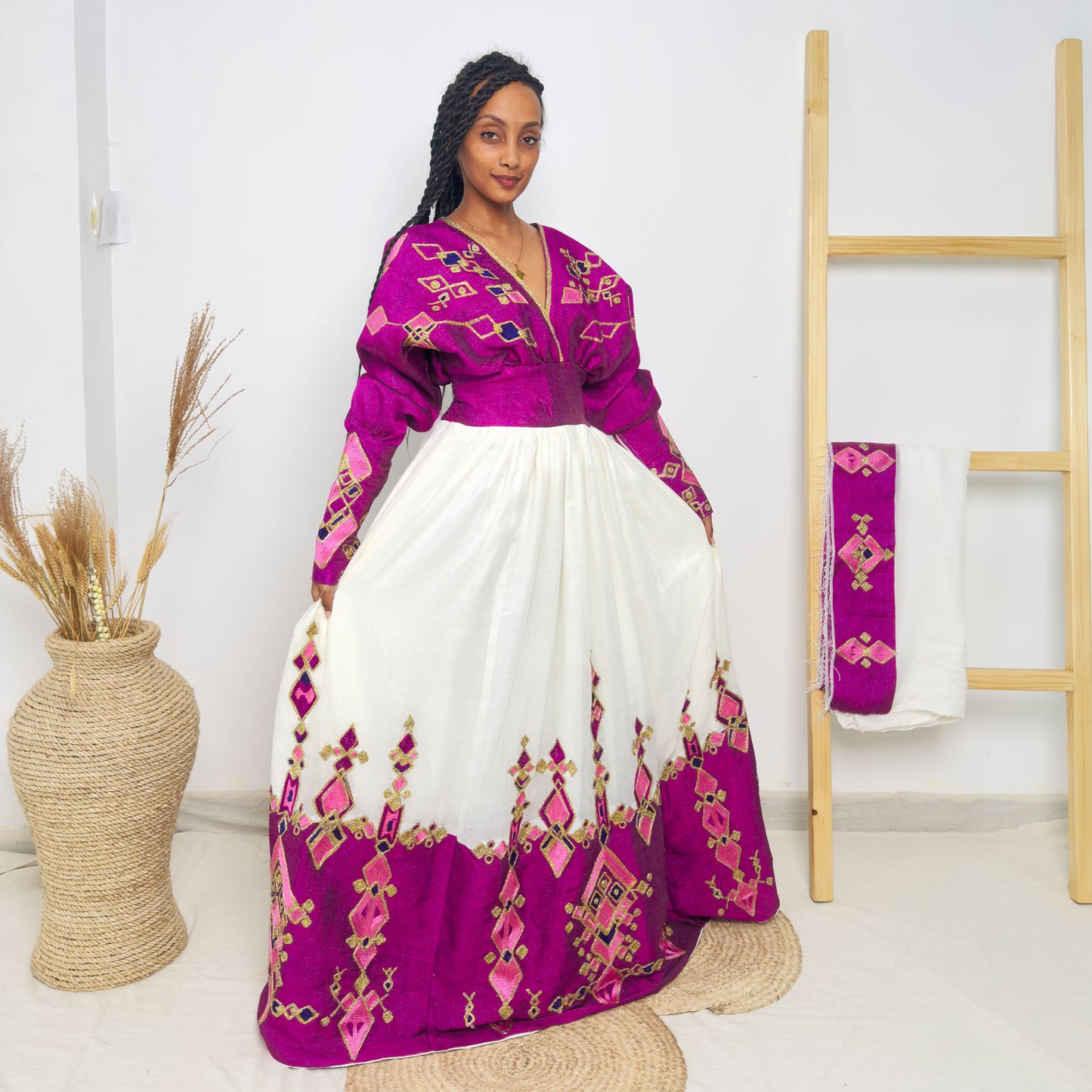 Habesha Kemis | Vibrant Purple Embroidery | Habesha Wedding Dress  | Handcrafted Elegance Hab63