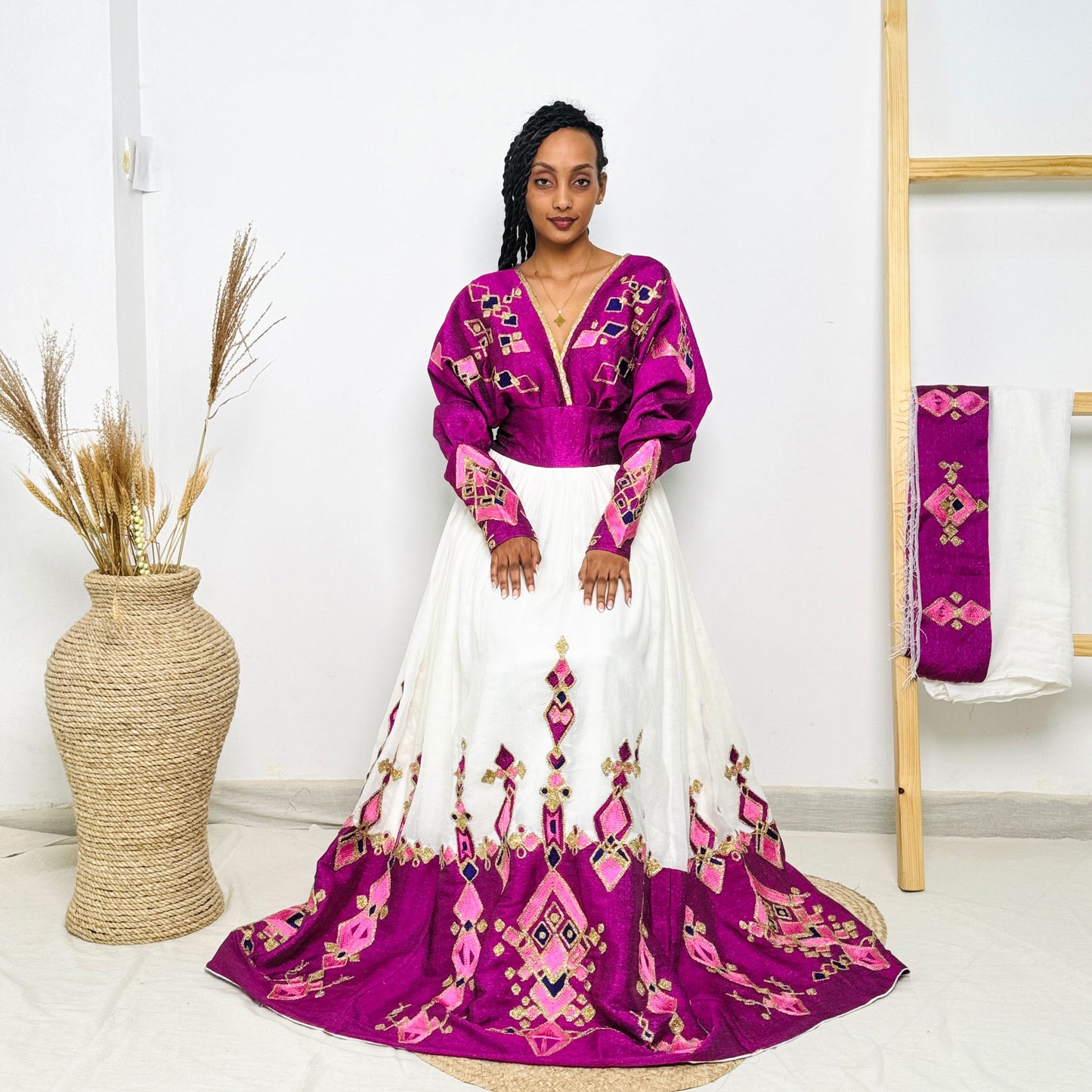 Habesha Kemis | Vibrant Purple Embroidery | Habesha Wedding Dress  | Handcrafted Elegance Hab63