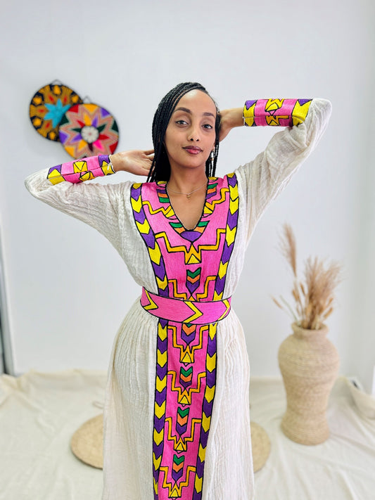 Traditional Ethiopian Habesha Dress | Handwoven Cotton | Bright Front Embroidery | Relaxed Flowy Fit | Handmade Cultural Clothing | Hab192