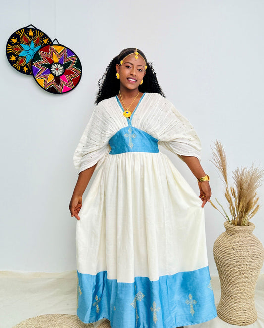 Traditional Ethiopian Habesha Dress | White & Sky Blue Handwoven Kemis with Gold Cross Motif | Elegant Fit with Tilet Detail | Hab219