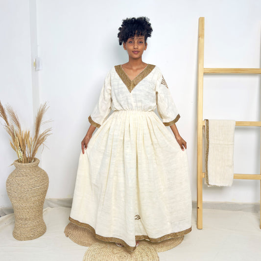 Traditional Ethiopian Habesha Dress | Handwoven Cotton | Golden Cross Tilet Embroidery | Modest Fit Hab238