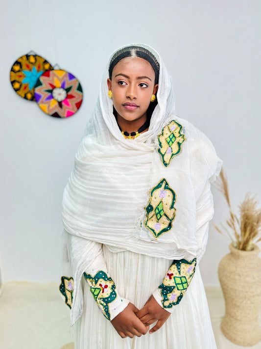 Ethiopian Handwoven White Dress | Green & Gold Tibeb Embroidery | Timeless Habesha Kemis Hab211