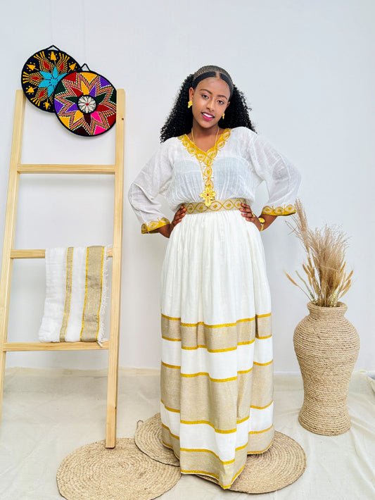 Golden Glow | Handwoven Ethiopian Habesha Dress with Royal Tilet Embroidery Hab226