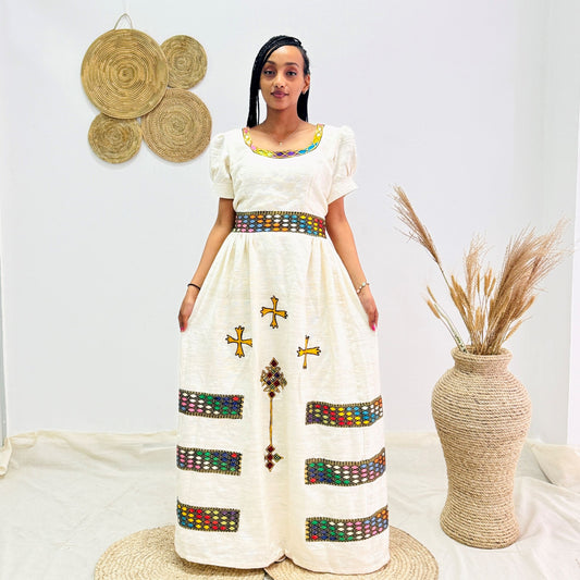 Habesha Dress Embroidery | Handwoven Tibeb | Elegant Traditional Ethiopian Kemis | Full-Length Cotton Dress for Holidays & Special Events Hab171