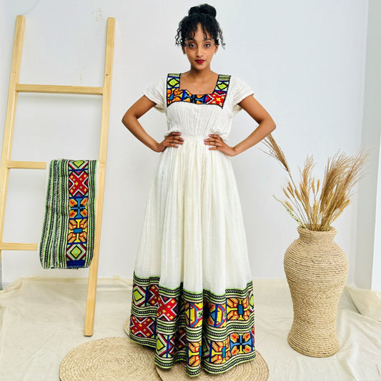 Traditional Ethiopian Habesha Dress | Handwoven Cotton | Colorful Geometric Tibeb | Square Neck | Flowy Fit | Hab241