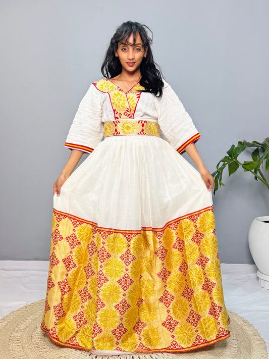 Ethiopian Habesha Kemis Dress | Handwoven Wedding Gown | Eritrean Cultural Attire | Yellow & Red Embroidered Cotton Dress | Handmade Hab186