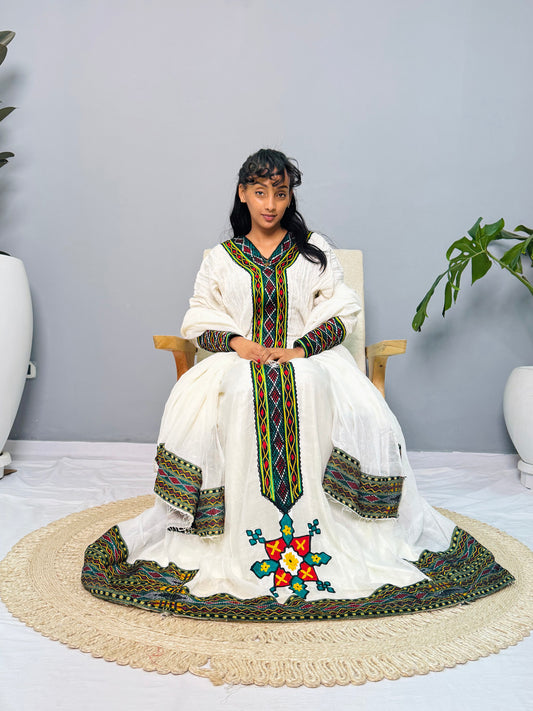 Ethiopian Handwoven Habesha Dress | Diamond Tibeb Embroidery | Long Sleeve White Menen Kemis Hab216