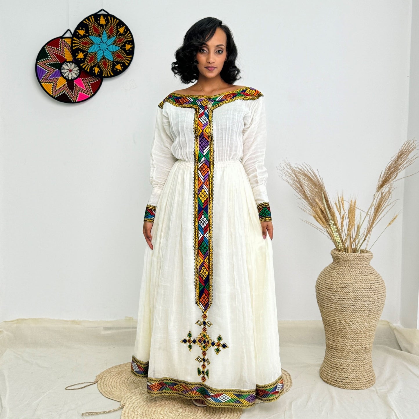 Handmade Ethiopian Traditional Dress | Habesha Kemis with Colorful Tibeb | White Cotton Cultural Dress for Weddings, Holidays & Gift Hab242