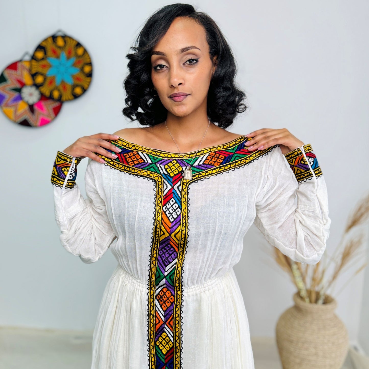Handmade Ethiopian Traditional Dress | Habesha Kemis with Colorful Tibeb | White Cotton Cultural Dress for Weddings, Holidays & Gift Hab242