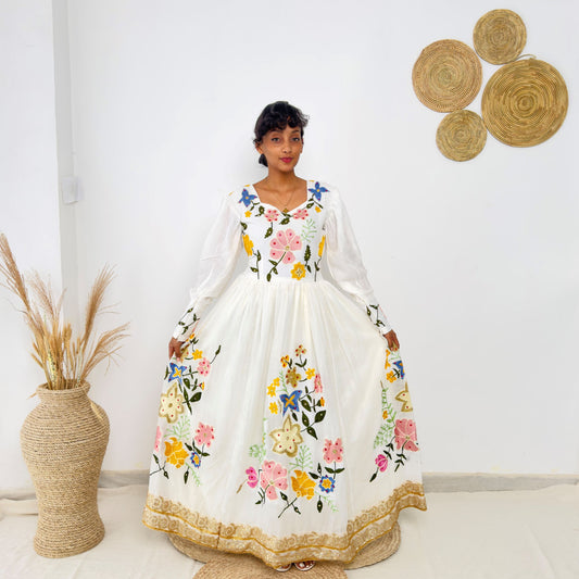 Traditional Ethiopian Habesha Dress | Handwoven Cotton | Floral Embroidery & Golden Tilet | Flowy Fit Hab237