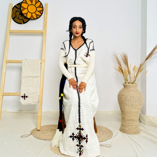 Handwoven Ethiopian Habesha Kemis | Minimalist Traditional Dress | Bold Accents | Timeless & Modern Design