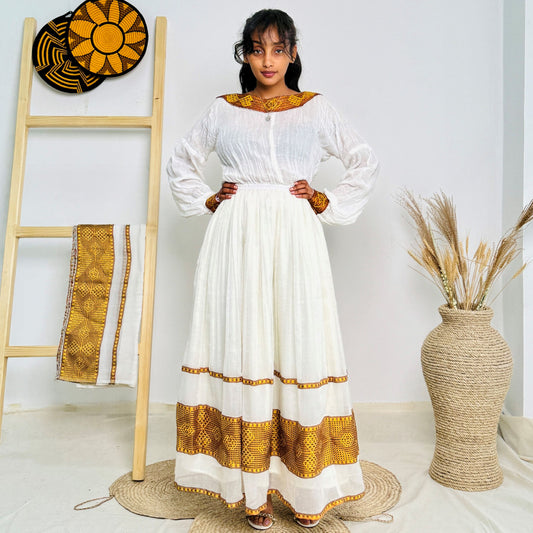 Amber Majesty | Traditional Ethiopian Habesha Dress with Geometric Tilet Accents Hab225