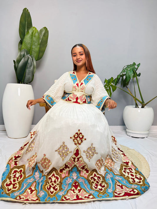 Regal Bloom | Ethiopian Habesha Kemis Dress | Handwoven Cotton Gown | Traditional Eritrean Wedding Dress | Embroidered Cultural Attire | Handmade Hab183