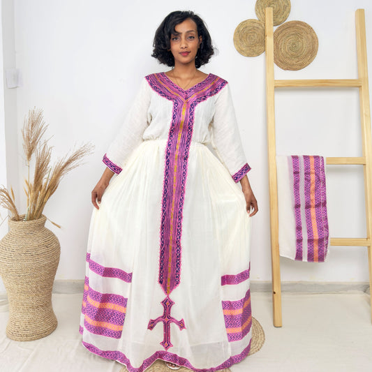 Radiant Cross Embroidered Habesha Dress | White & Violet Tilet Kemis Hab233