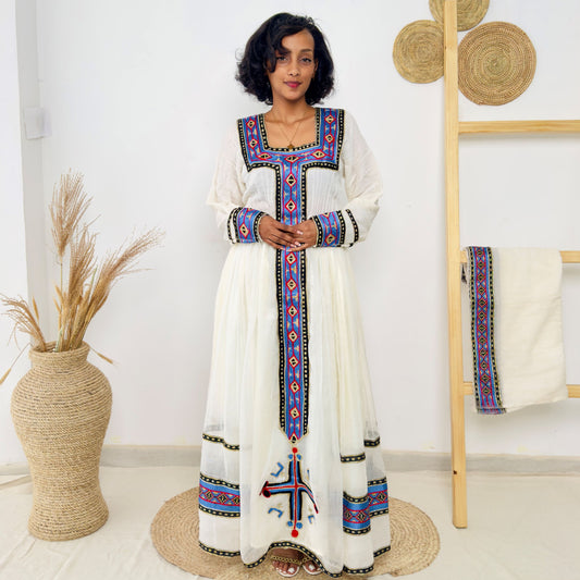 Traditional Ethiopian Dress | Handwoven Habesha Kemis | Blue & Black Tibeb Cotton Dress | Handmade Cultural Dress Hab166