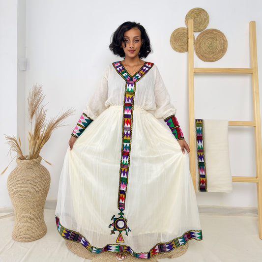 Colorful Tibeb Ethiopian Dress | Handwoven Cotton Flowy Gown | Traditional Handmade Cultural Wear | Multicolor Embroidery | Hab197