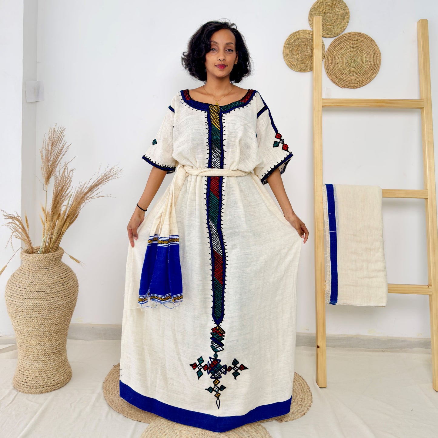 Traditional Ethiopian Habesha Dress | Handwoven Cotton | Blue & Multicolor Embroidery | Relaxed Fit Gown | Handmade Cultural Attire | Hab195