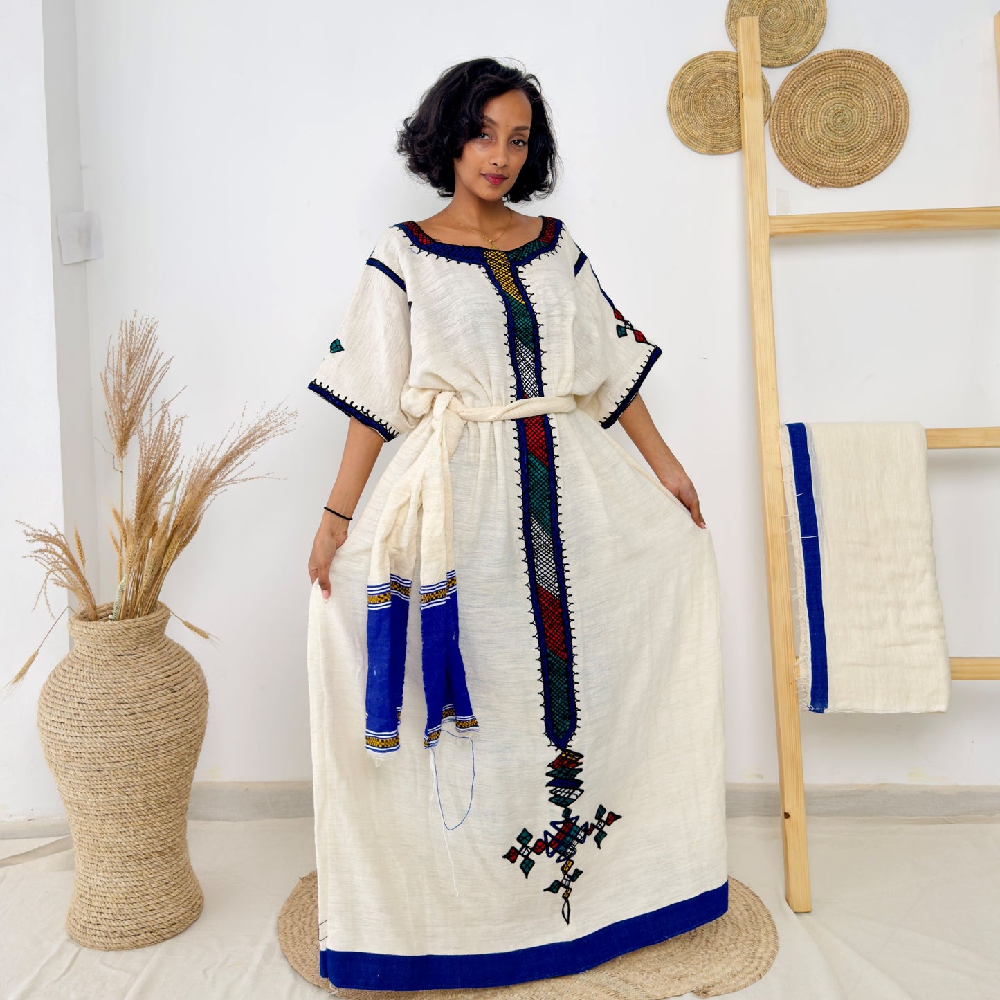 Traditional Ethiopian Habesha Dress | Handwoven Cotton | Blue & Multicolor Embroidery | Relaxed Fit Gown | Handmade Cultural Attire | Hab195
