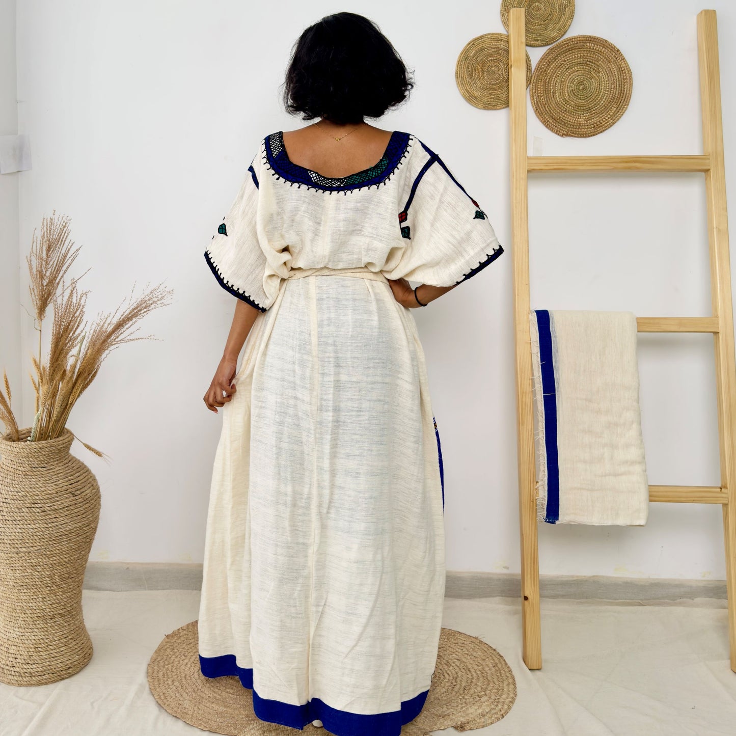Traditional Ethiopian Habesha Dress | Handwoven Cotton | Blue & Multicolor Embroidery | Relaxed Fit Gown | Handmade Cultural Attire | Hab195