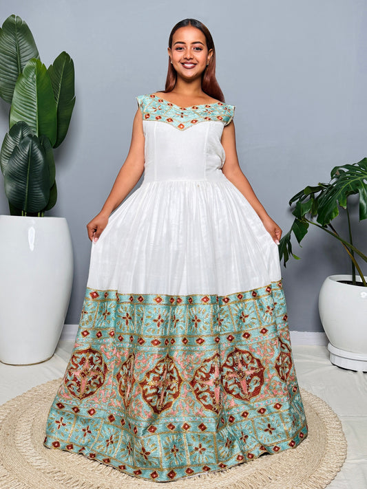 Ethiopian Sleeveless Habesha Kemis | Elegant Blue & Gold Embroidered Traditional Dress | Handmade Cotton Dress for Weddings, Fasika & Special Events Hab189