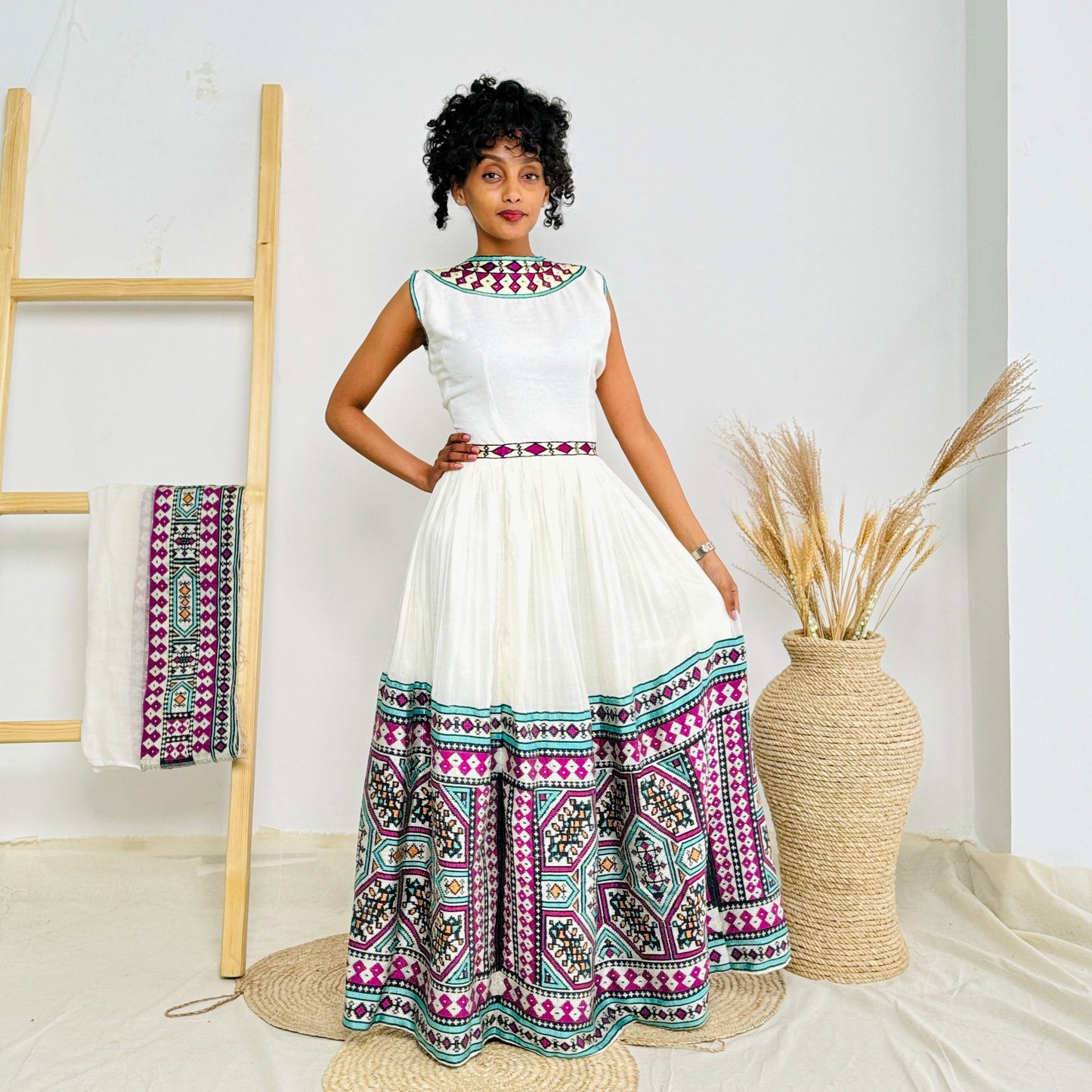 Vibrant Multicolor Habesha Dress Intricate Pattern Stylish Ethiopian Dress Hab50