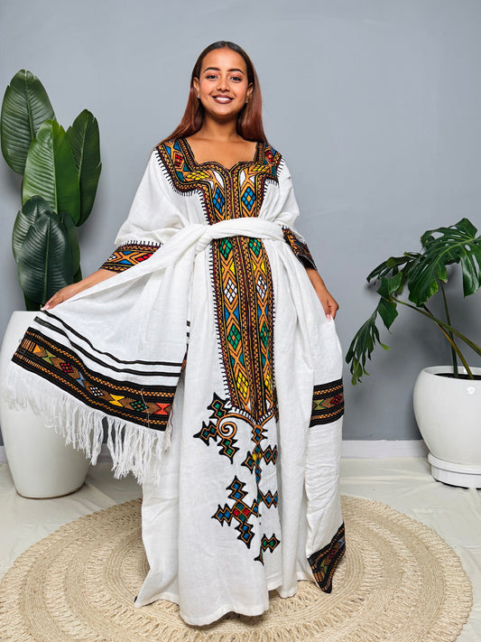 Traditional Ethiopian Habesha Kemis | White Cotton Dress | Orange Cross & Tibeb Embroidery | Handmade Cultural Outfit Hab164