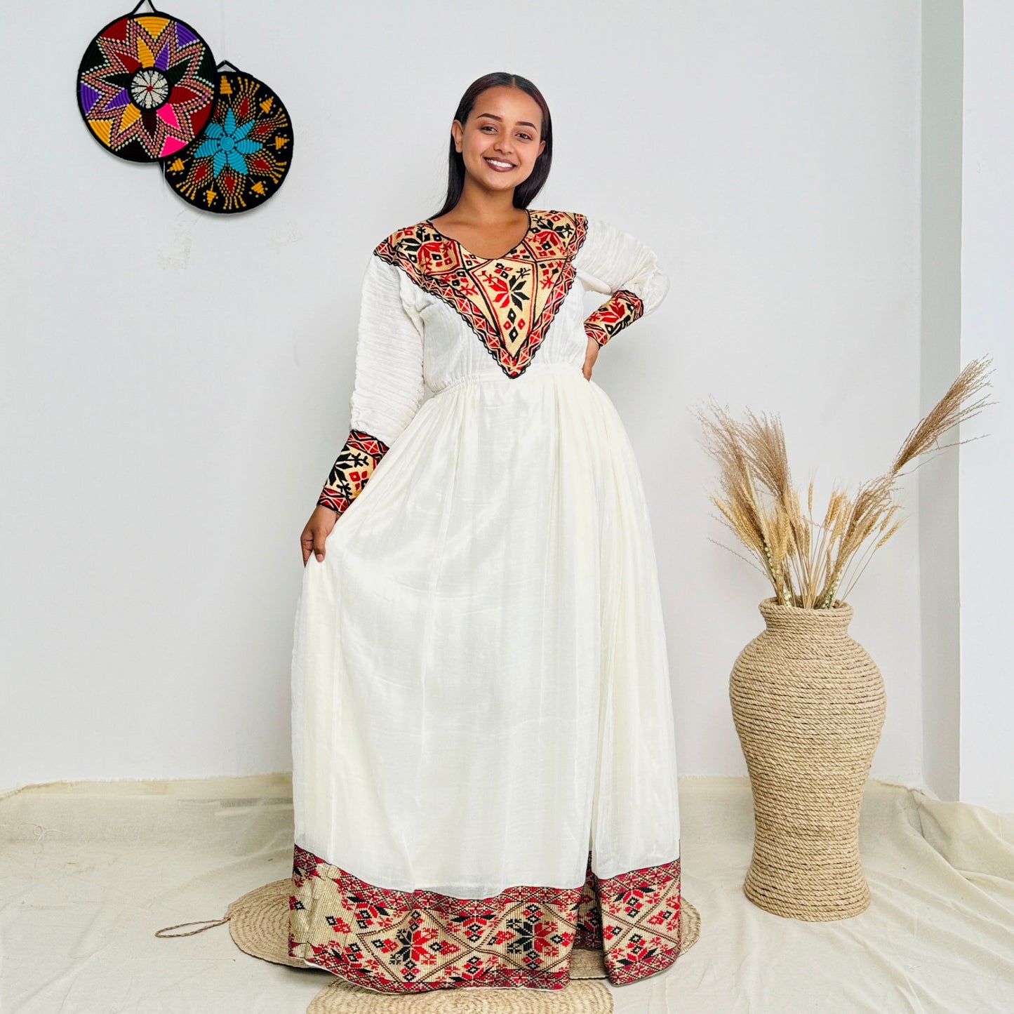 Stunning Red Habesha Dress with Elegant Detailing Hab46